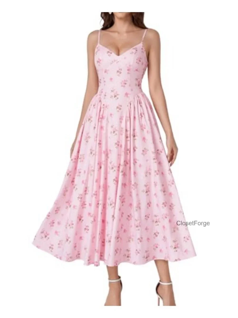 Flowy Fit & Flare Midi Dress, Lace Up Back, V-Neck, Adjustable Straps, High